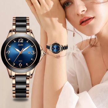 Luxury Womens Ceramic Quartz Waterproof Watch SUNKTA 6627