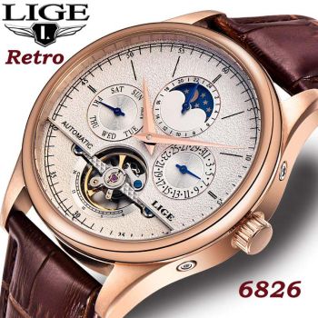 Classic Mens Retro Automatic Mechanical Watch Tourbillon Clock Genuine Leather LIGE 6826