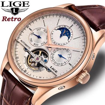 Classic Mens Retro Automatic Mechanical Watch Tourbillon Clock Genuine Leather LIGE 6826